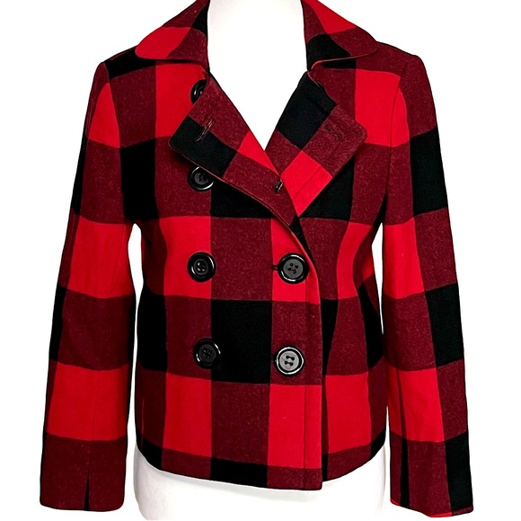 J. Crew Buffalo Red And Black Bold Plaid Wool Double Breasted Pea Coat Size 2 - Picture 1 of 11